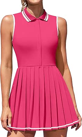 ATTRACO Women Tennis Dresses Ribbed Polo Golf Dress Half Zip Pleated Workout Dress with Built in Shorts and Bra