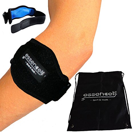 Tennis Golf Elbow Brace, Strap with Compression Pad by Essencell - bonus Drawstring Carrying Bag