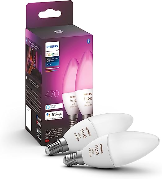 Philips Hue NEW White and Colour Ambiance Smart Light Bulb 2 Pack [E14 Small Edison Screw] With Bluetooth. Works with Alexa, Google Assistant and Apple Homekit