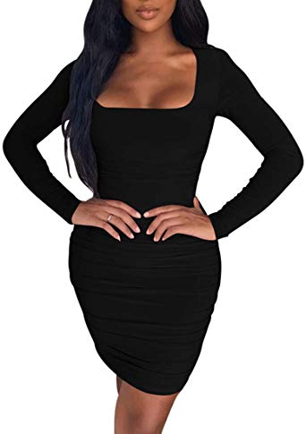 Kaximil Women's Sexy Bodycon Ruched Mini Club Dress Long Sleeve Basic Casual Dresses