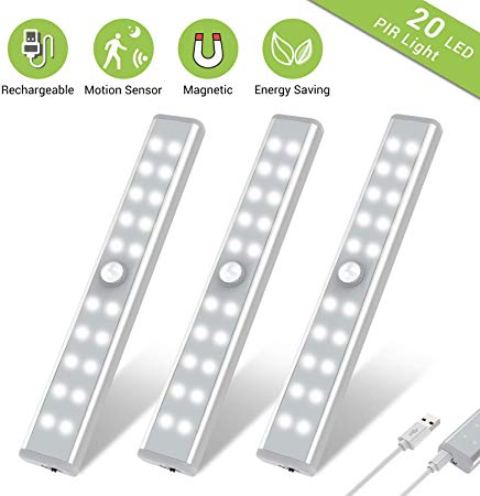 Wardrobe Light, OxyLED Motion Sensor Closet Lights, 20 LED Under-Cabinet Lighting, USB Rechargeable Stick-on Stairs Step Light Bar, LED Night Light, Safe Light with Magnetic Strip (3-Pack)