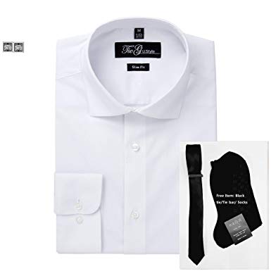 4 PCS Slim FIT Shirt Set:(Free :Black tie/Tie bar/Sock) Men's Shirt(White :Stretch,Blue/Black:Wrinkle Less,100% Cotton)