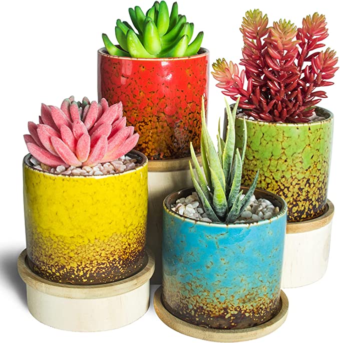 ARTKETTY Succulent Pots, Ceramic Succulent Planter Pots with Drainage Set of 4, 3.8 Inch Bonsai Pot with Bamboo Tray Small Pots for Indoor Outdoor Cactus Plants Flower Planter Container