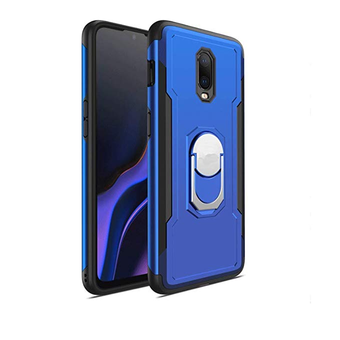 iKuboo Dual Layer Case for Oneplus 6T, Slim Protective Cover with Ring Holder Kickstand, Work with Magnetic Car Mount-Blue