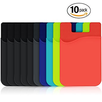 Cell Phone Wallet, HUO ZAO Silicone Credit Card Id Holder with 3M Adhesive Stick-on fits Apple iPhone iPad Samsung Galaxy Android Smartphones, Table, Refrigerator, Door, Mixed Colors - 10 Pack