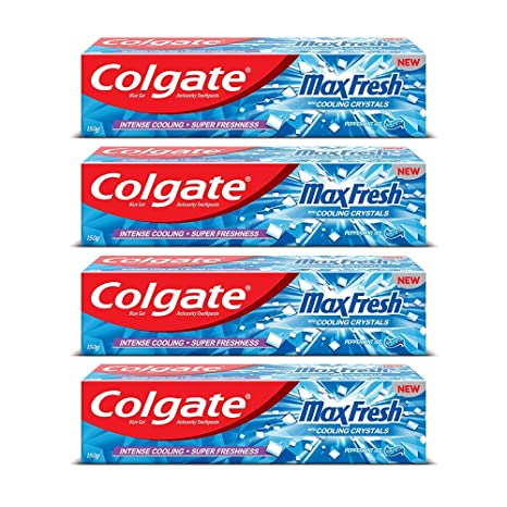 Colgate MaxFresh Toothpaste, Blue Gel Paste with Menthol for Super Fresh Breath, 600g, 150g X 4 (Peppermint Ice)