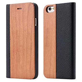 Wood Case for iPhone 8 7 6S Plus Cases Genuine Bamboo Flip Leather Wallet Stand Coque for iPhone 6 6s XS Max X 10 Case,Cherrywood,for iPhone Xs Max,Cherrywood,for iphone66S