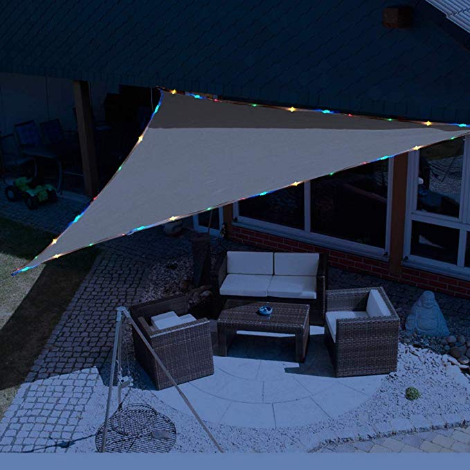 KUD Shade 12'x12'x12' Triangle Sun Shade Sail with Waterproof String Lights Solar Energy Canopy Perfect for Outdoor Garden Patio Permeable Romantic Atmosphere UV Block Fabric Durable(Sand Color)