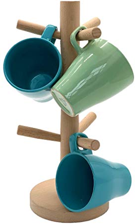 Wooden Mug Holder Tree, Mug Rack Stand Organizer, Coffee Cup Mug Stand Tree Dryer with 6 Hooks
