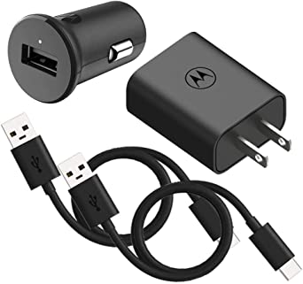 Motorola TurboPower Bundle: 20W Wall Charger & 18W Car Charger with Two 1m USB-A to USB-C Cables for Moto G Power (2020/2021/2022), G Stylus (2020/2021/5G), One 5G/5G UW/5G Ace/5G UW Ace, Edge/Edge