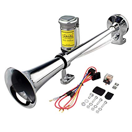 GAMPRO 12V 150db Air Horn, 18 Inches Chrome Zinc Single Trumpet Truck Air Horn with Compressor for Any 12V Vehicles Trucks Lorrys Trains Boats Cars (Silver)
