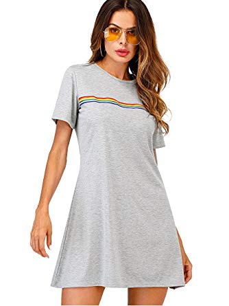 Romwe Women's Comfy Swing Tunic Short Sleeve Rainbow Print Striped T-Shirt Dress