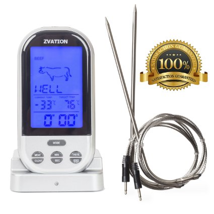Zvation Wireless Meat Thermometer - BBQ, Grill, Smoker or Oven Cooking Wireless Long Range Digital Food Thermometer with Countdown Kitchen Timer - 2 Stainless Steel Probes Included