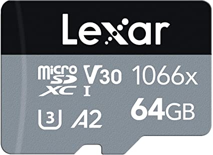Lexar Professional 1066x 64GB microSDXC UHS-I Card w/SD Adapter Silver Series, Up to 160MB/s Read, for Action Cameras, Drones, High-End Smartphones and Tablets (LMS1066064G-BNANU)