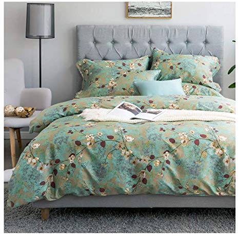 Eikei Vintage Botanical Flower Print Bedding 400tc Cotton Sateen Romantic Floral Scarf Duvet Cover 3pc Set Colorful Antique Drawing of Summer Lilies Daisy Blossoms (King, Green Rust)