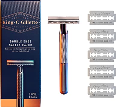 King C. Gillette Safety Razor with Chrome Plated Handle and 5 Platinum Coated Double Edge Safety Razor Blade Refills