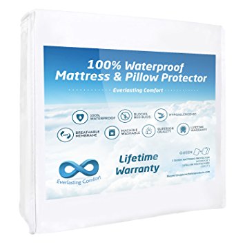 100% Waterproof Mattress Protector and 2 Free Pillow Protectors by Everlasting Comfort. Complete Set, Hypoallergenic, Breathable Membrane (Queen)