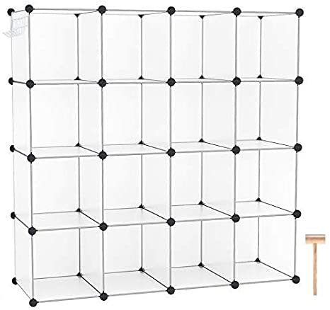 C&AHOME Cube Storage Organizer, 16-Cube Shelves Units, Closet Cabinet, DIY Plastic Modular Book Shelf, Ideal for Bedroom, Living Room, Office, 48.4" L × 12.4" W × 48.4" H Transparent White