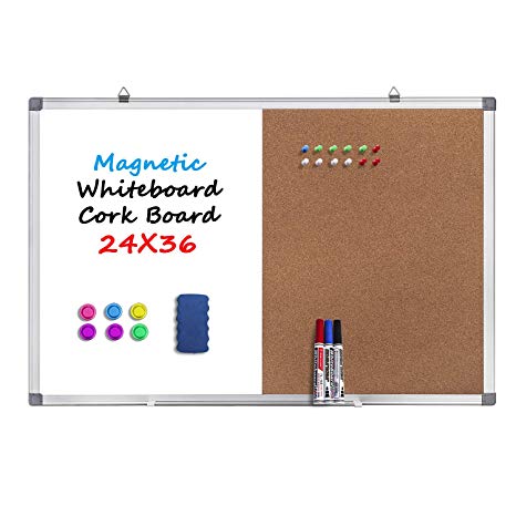 36 x 24 Magnetic Whiteboard and Cork Board Combination Board, Dry Erase Board Bulletin Combo Board for Home Office, Wall Mounted Memo Message Board with Dry Erase Markers, Eraser, Magnets, Push Pin