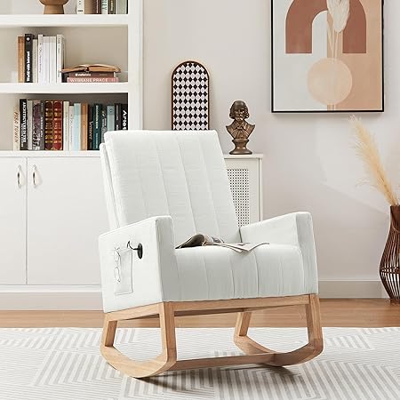 VECELO Rocking Chair Nursery Upholstered Modern Glider Rocker with Padded Seat High Backrest USB Port Comfy Armchair and Side Pocket for Living Room Bedroom Balcony Offices, White