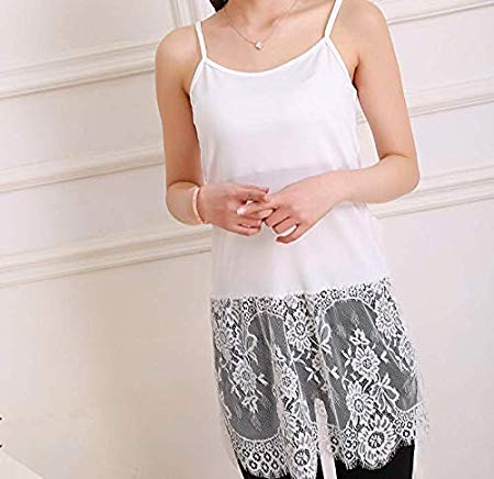 Women Camisole Lace Top Extender Trim Long Tank Top Dress Lingerie Shirts Tunics Slips Dress Shirt Cotton (White S)