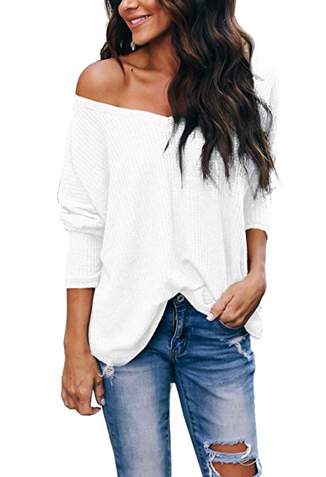 Albe Rita Women's Casual V-Neck Off-Shoulder Batwing Sleeve Pullover Sweater Tops
