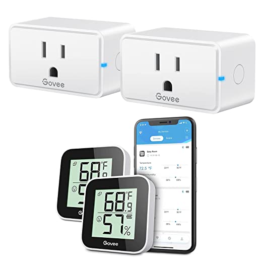 Govee Temperature Humidity Monitor 2-Pack, Indoor Room Thermometer Hygrometer with App Alert Bundle with Govee Smart Plug, WiFi Bluetooth Outlet Work with Alexa Google Assistant, Smart Outlet 15A