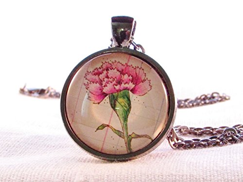 January Birthday Month Flower Carnation Necklace Round Glass Pendant