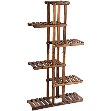 COSTWAY 6-Tier Floor-standing Flower Rack Wood Plant Stand 11 Pots Bonsai Display Storage Shelf, for Indoor Outdoor Yard Garden Patio Balcony Living Room(Type 2: 6-Tier 11 Pots)