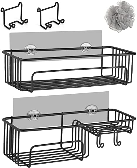 COSYLAND Shower Caddy Basket Shelf Pack of 2 - Self Adhesive Drill-Free Kitchen or Bathroom Organizers - Shower Shelves Movable Hooks for Hanging Accessories like Razor（Balck)）