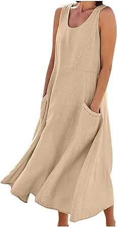 Women's Summer Sleeveless Cotton Linen Dress Plus Size Flowy Beach Long Dress Casual Solid Maxi Dress with Pockets