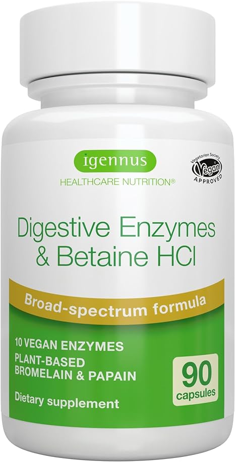 Advanced Digestive Enzymes & Betaine HCl, Vegan Formula with Protease, Broad Spectrum, Lipase & Lactase, Plant-Based Papain & Bromelain, Clean Label, 90 Capsules, by Igennus