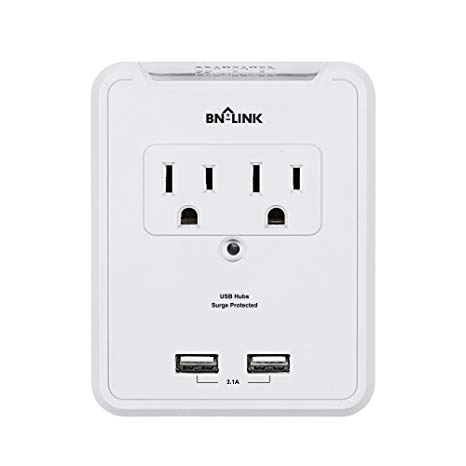 BN-LINK Wall Mount Adapter Surge Protector 2 Electrical Outlets 2 USB Charging Ports (3.1A), Surge-Protected Power Socket Extender Phone Holder, White