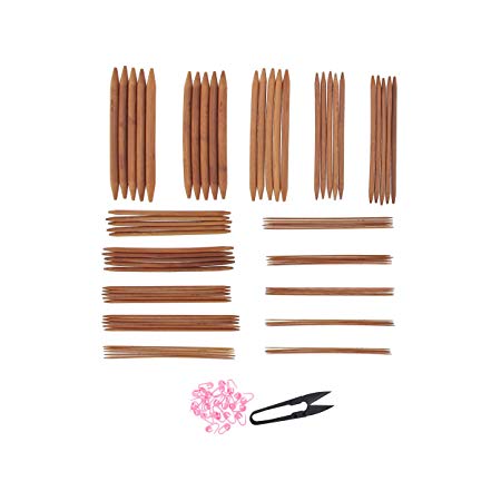 Bamboo Ultra Strong Knitting Needles Set 7" Double Point 75 Pcs - 15 Sizes 2mm - 10mm (5 needles per size) - Carbonized Brown - Comes w/Stitch Markers & Snip