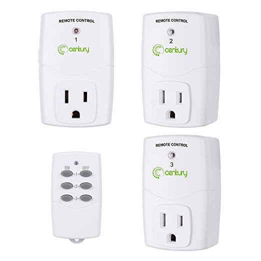 Century Wireless Remote Control Outlet Switch Power Plug In for Household Appliances, Wireless Remote Light Switch, LED Light Bulbs, White (1 Remotes   3 Outlets) Value Pack