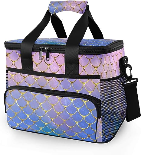 JUMBEAR 15L Leakproof Reusable Insulated Cooler Lunch Bag Office Work Picnic Hiking Beach Lunch Box Organizer with Adjustable Shoulder Strap, Purple Mermaid