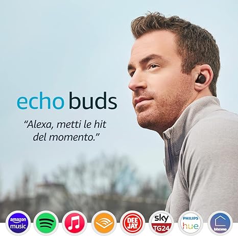 Echo Buds (2ª generazione) | Auricolari wireless con Alexa, cuffiette Bluetooth con cancellazione attiva del rumore, microfono integrato, IPX4 Impermeabili | Con custodia di ricarica wireless | Nero