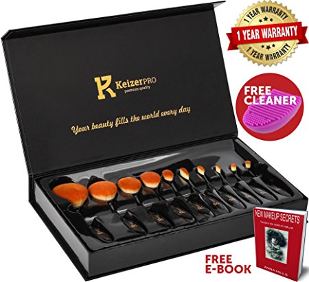 Makeup Brushes Professional – KeizerPro 10 Piece Set of NEW Pro Oval Makeup Brushes   Free Silicone Cleaner and E-book – Full Gift Box Set for Perfect and Easy Makeup Even at Home