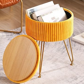 CUYOCA Round Storage Ottoman with Tray, Vanity Stool with Storage for Living Room Makeup Room, Coffee Table Foot Rest Stool for Vanity, Velvet Canary