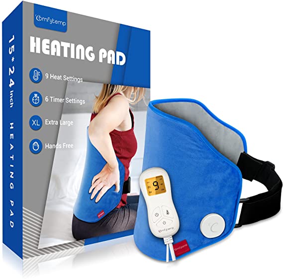 Heating Pad for Back Pain Relief, Comfytemp 15"x 24" Large Electric Heated Back Wrap with Strap, 9 Heat Settings, Stay On, 5 Auto-Off, Backlight for Cramps, Waist, Lower Back, Lumbar, Abdomen - Blue