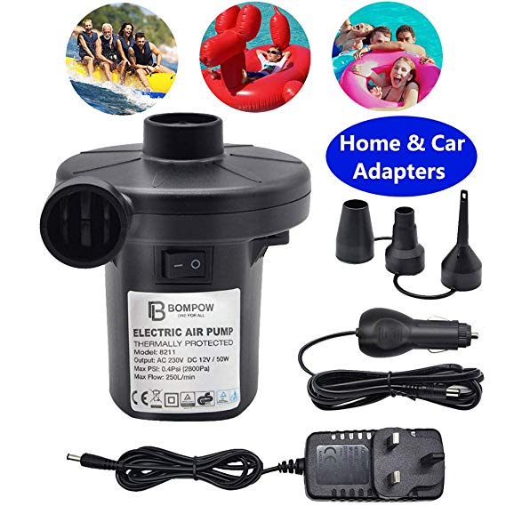 BOMPOW Electric Pump for Inflatables Quick Inflator Pump for Air Mattress Air Bed Paddling Pool Swimming Ring Camping Inflatables Inflate Deflate Pump with 3 Nozzles