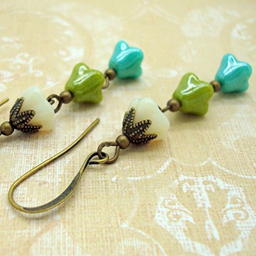 Flower Dangle Earrings, Greenish Blue, Lime, Cream Glass Beads