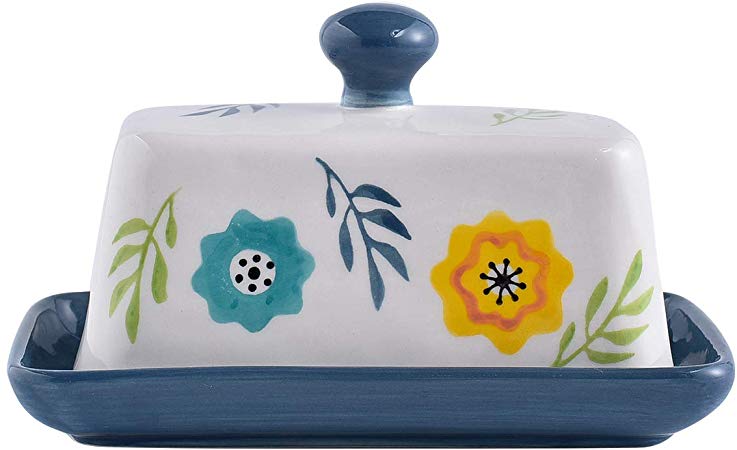 KINGSBULL HOME Butter Dish Porcelain Butter Dish with Lid Modern Butter Dish Butter Keeper Floral World Navy Blue Covered Butter Dish