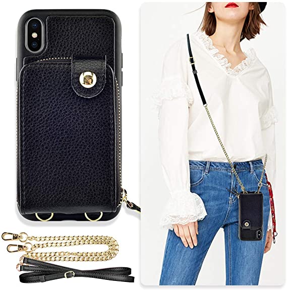 iPhone Xs Wallet Case, ZVE Wallet Case for iPhone x and xs, Leather Case with Card Slots Wrist Strap Adjustable Crossbody Strap Handbag Purse Protective Cover for iPhone x iPhone Xs 5.8 inch-Black