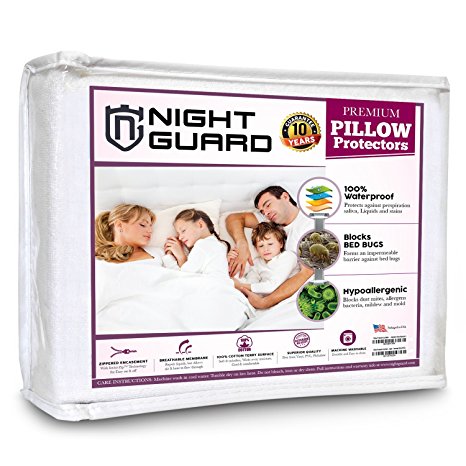 Pillow Protectors by Night Guard - Set of 2 - 100% Waterproof, Bed Bug Proof, Hypoallergenic - Premium Zippered Cotton Terry Covers - 10 Year Warranty – 130gsm - Size 20-inch x 36-inch (KING)
