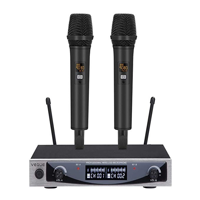 Wireless Microphone, VeGue UHF Dual Channel Professional Handheld Dynamic Microphone System for Karaoke, Party, Meeting, Outdoor Events, 200 feet Stable Signal Transmission