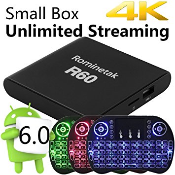 Rominetak [Wireless Touchpad Backlit Mini Keyboard]   R60 Android 6.0 OS TV Box 2GB DDR3 RAM 8GB Flash 4K UHD 3D New Amlogic S905X Quad Core Rooted Unlocked Streaming Media Player Support Wifi 1080P