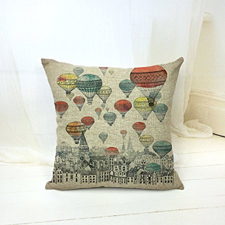 Cartoon Colorful Hot Air Balloon Home Style Cotton Linen Throw Pillow Case Cushion Cover Home Office Decorative, Square 18 X 18 Inches (For Living Room, Sofa, Etc...) (4)