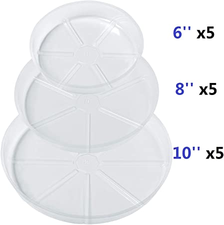 Idyllize 15 Pack, Assorted Sizes 6 8 10 Inch Clear Plastic Plant Saucer Drip Trays for pots, 5 Pieces of Each Size (Assorted Sizes 6'', 8'', 10'')