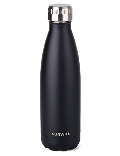 SUNWILL Insulated Stainless Steel Water Bottle Black, Vacuum Double Wall Sports Water Bottle 17oz, Cola Shape Travel Thermal Flask